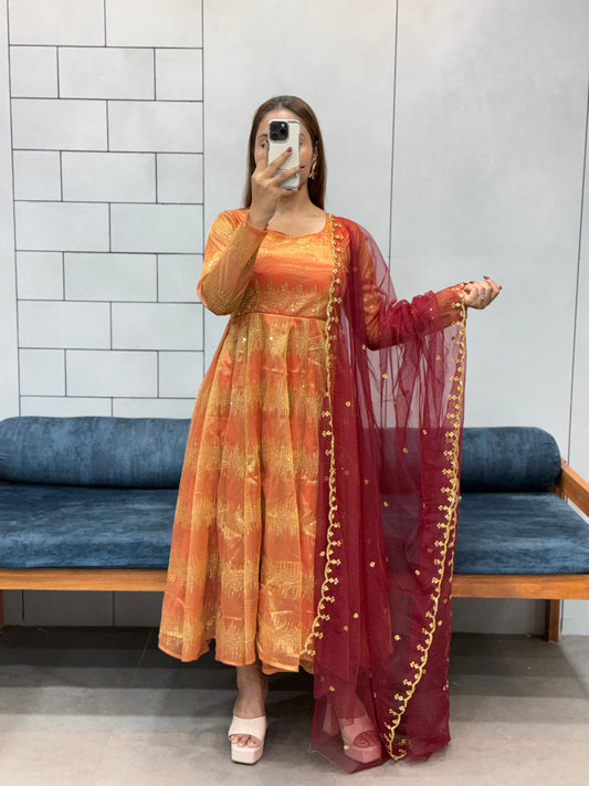 Stylish Ethnic Wear Tissue Embroidery Gown with Butterfly Net Dupatta