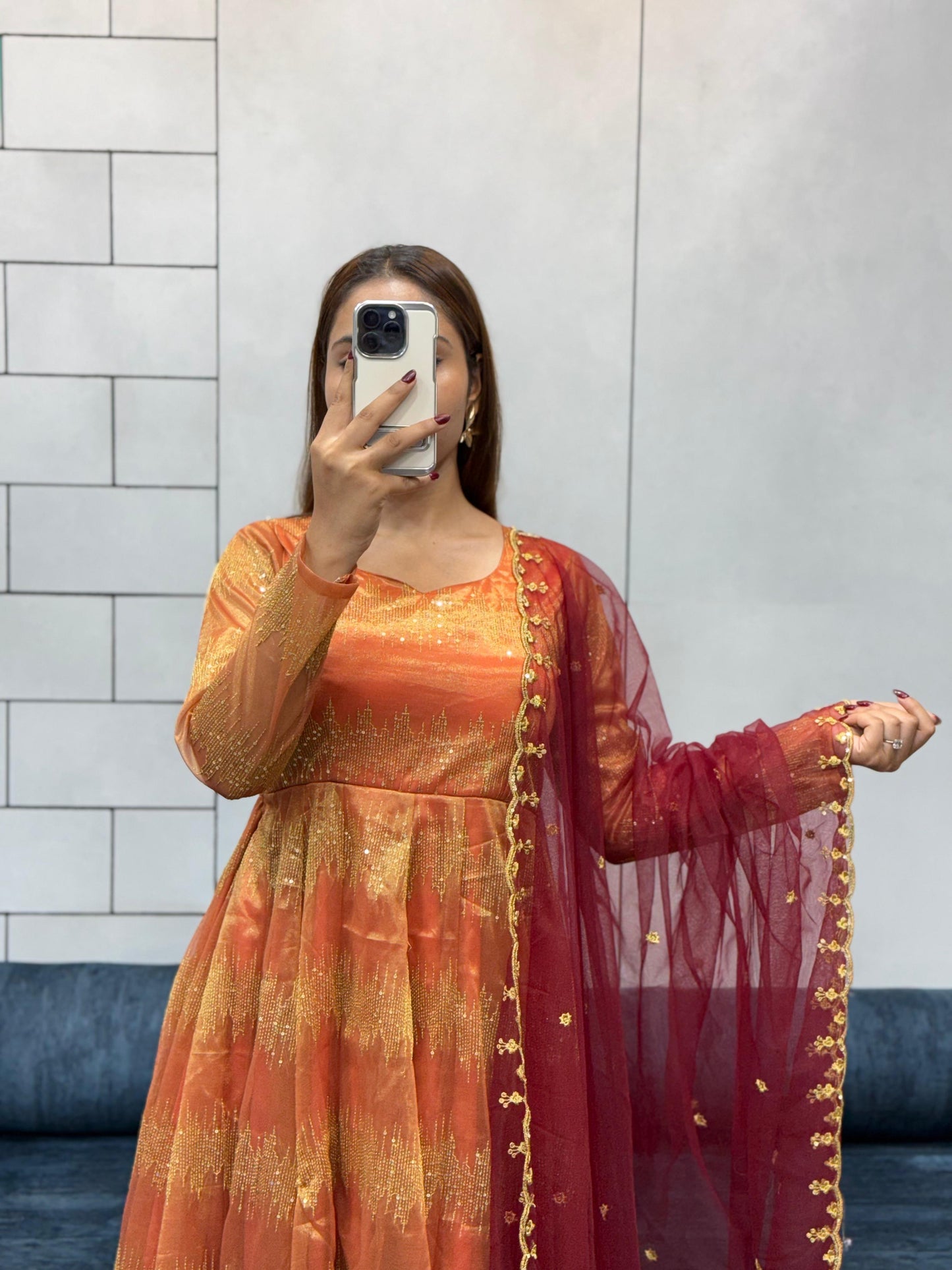 Stylish Ethnic Wear Tissue Embroidery Gown with Butterfly Net Dupatta