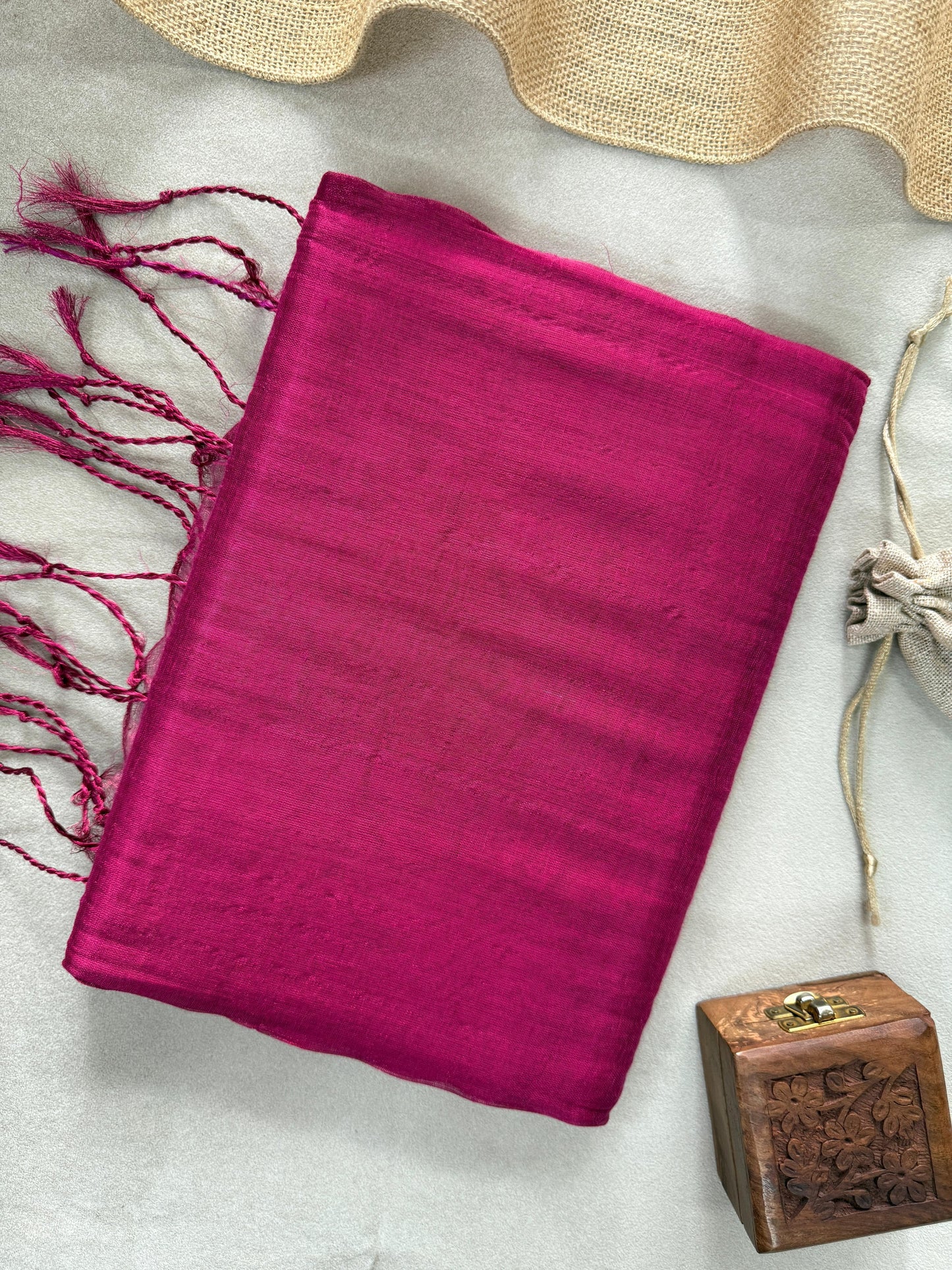 Tissue Cotton Saree with Tassels & Running Blouse – Magenta Color