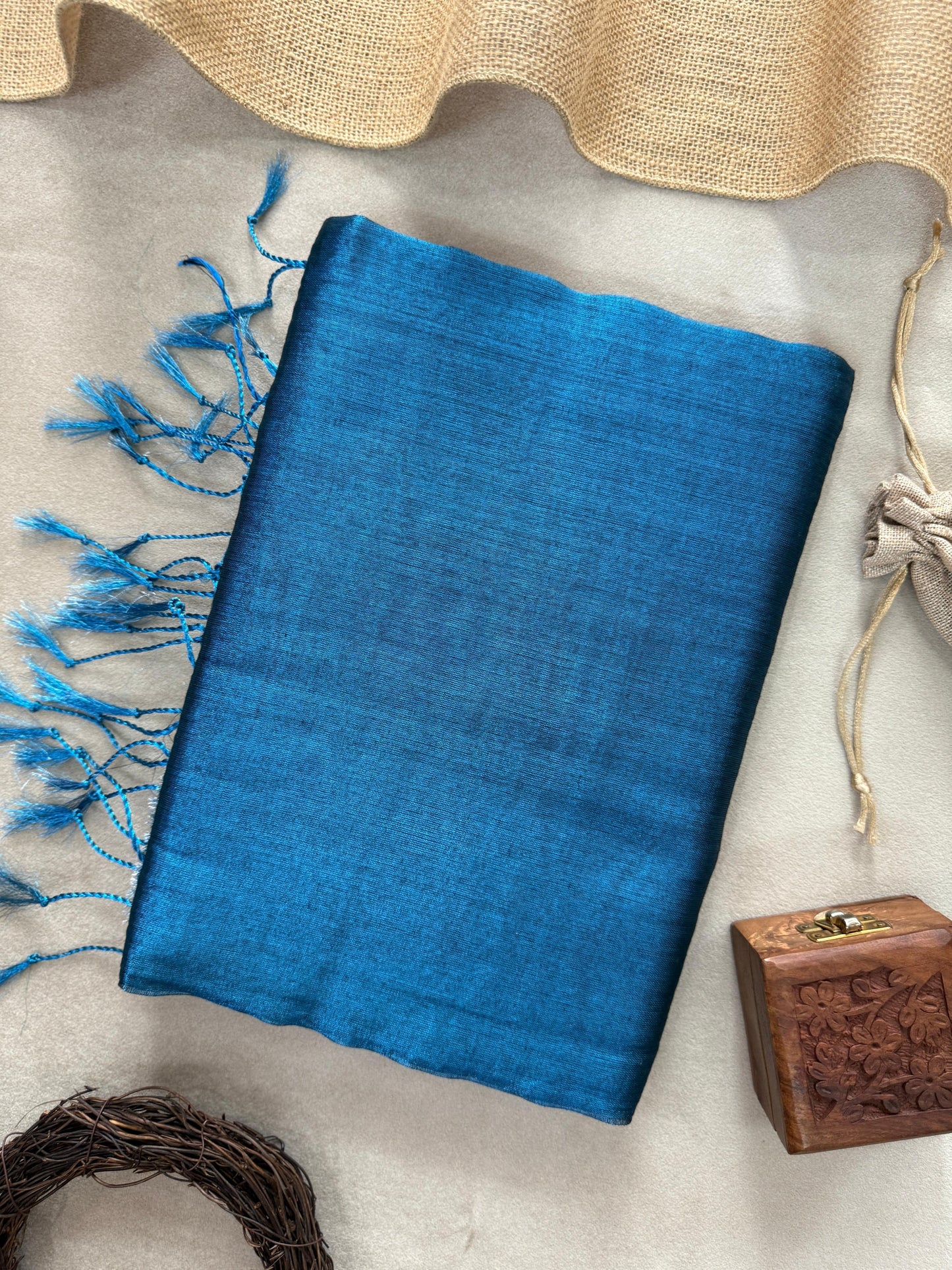 Tissue Cotton Saree with Tassels & Running Blouse – Blue Color