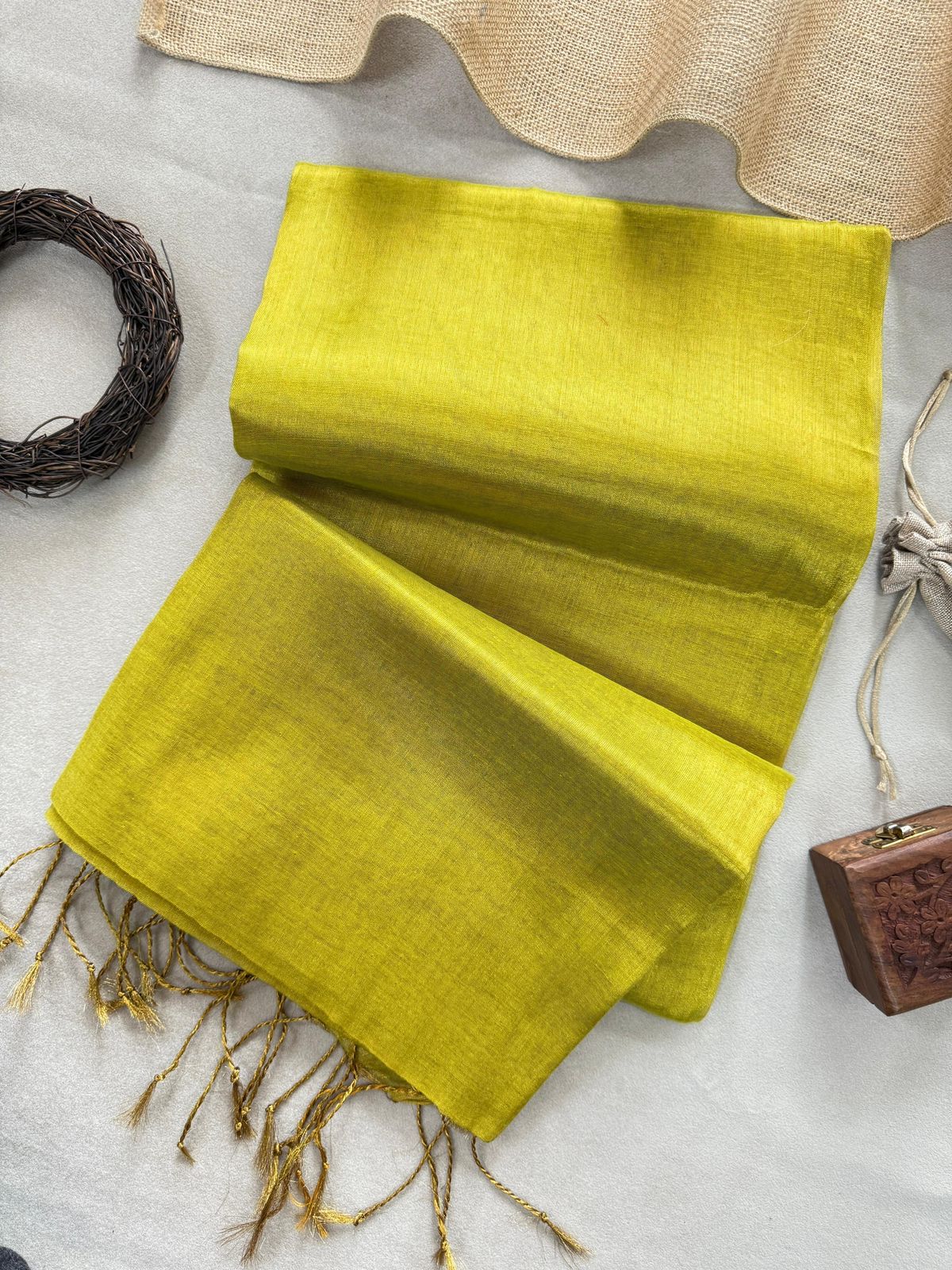 Tissue Cotton Saree with Tassels & Running Blouse – Yellow Color