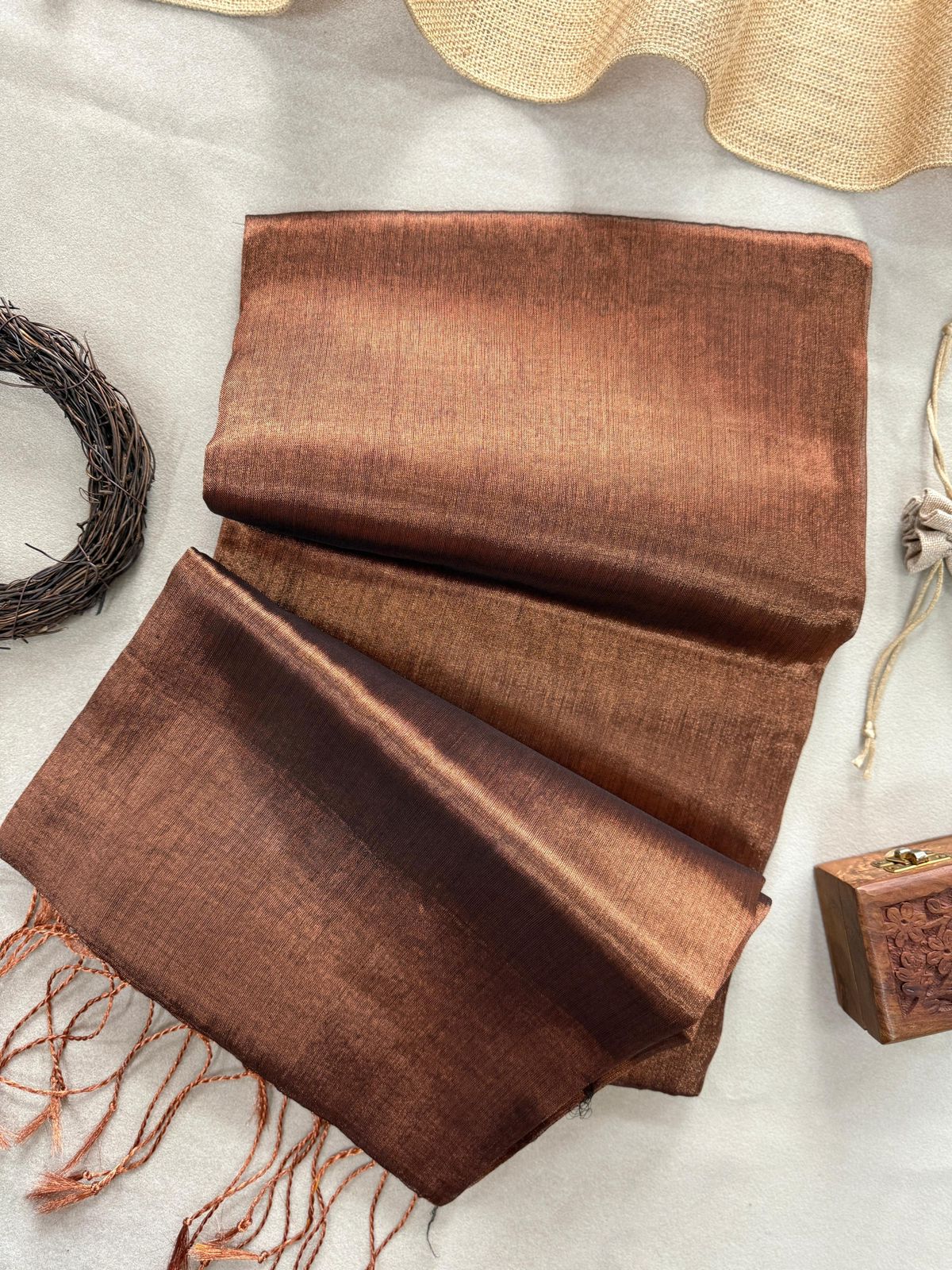 Tissue Cotton Saree with Tassels & Running Blouse – Bronze Brown Color