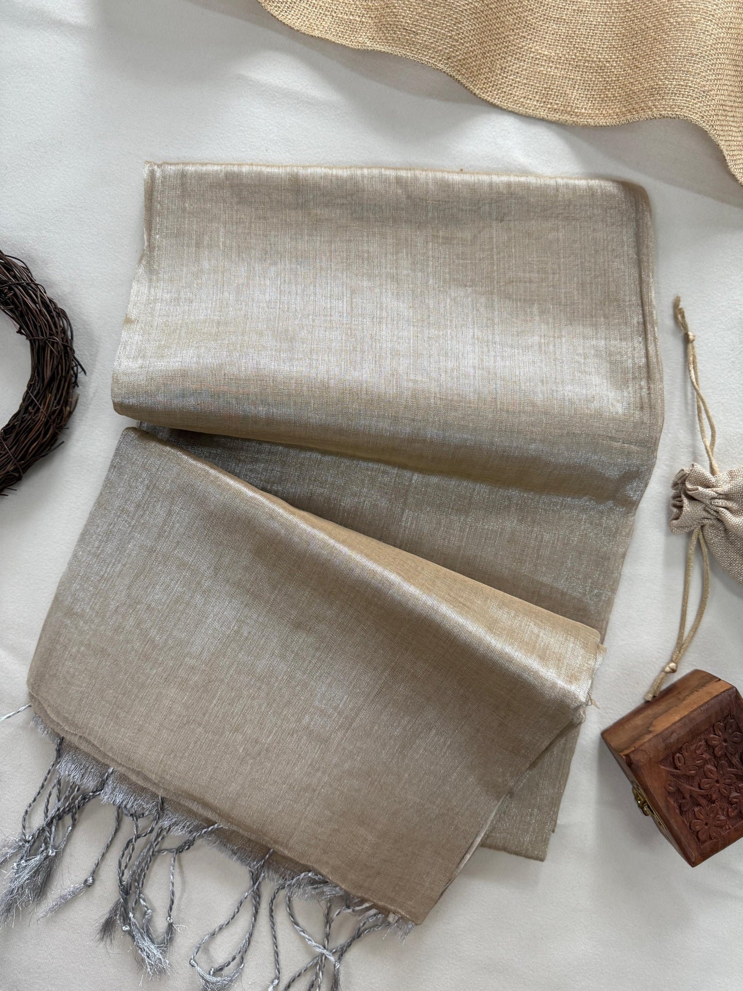 Tissue Cotton Saree with Tassels & Running Blouse – Gray Color