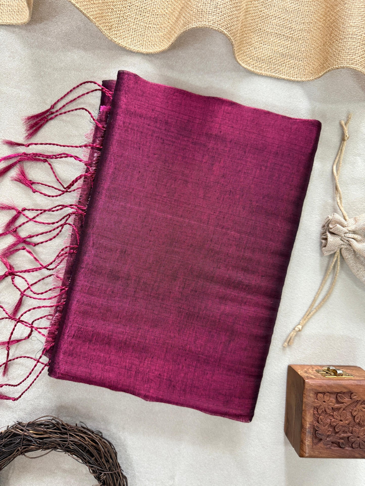 Tissue Cotton Saree with Tassels & Running Blouse – Magenta Color