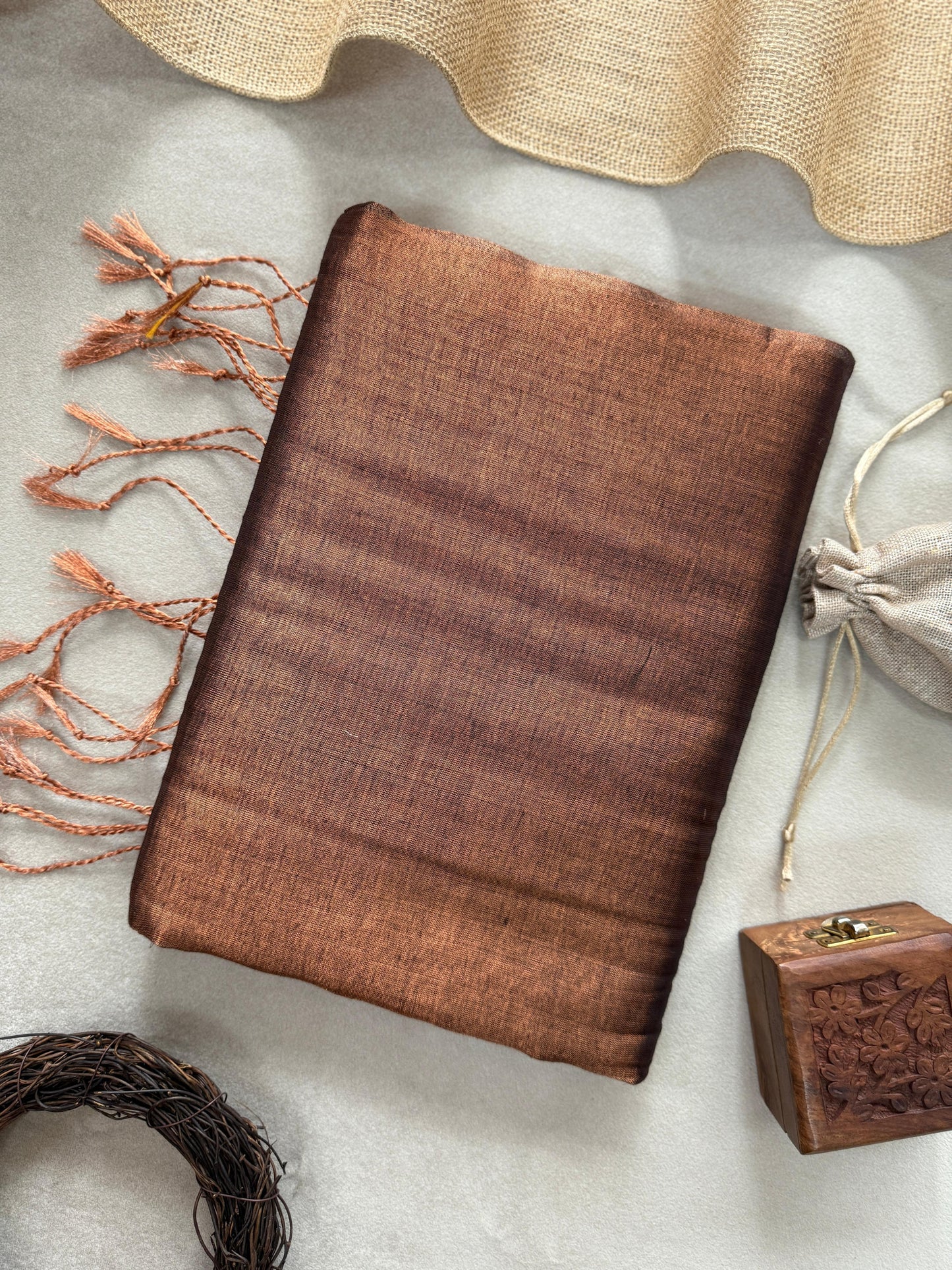 Tissue Cotton Saree with Tassels & Running Blouse – Bronze Brown Color