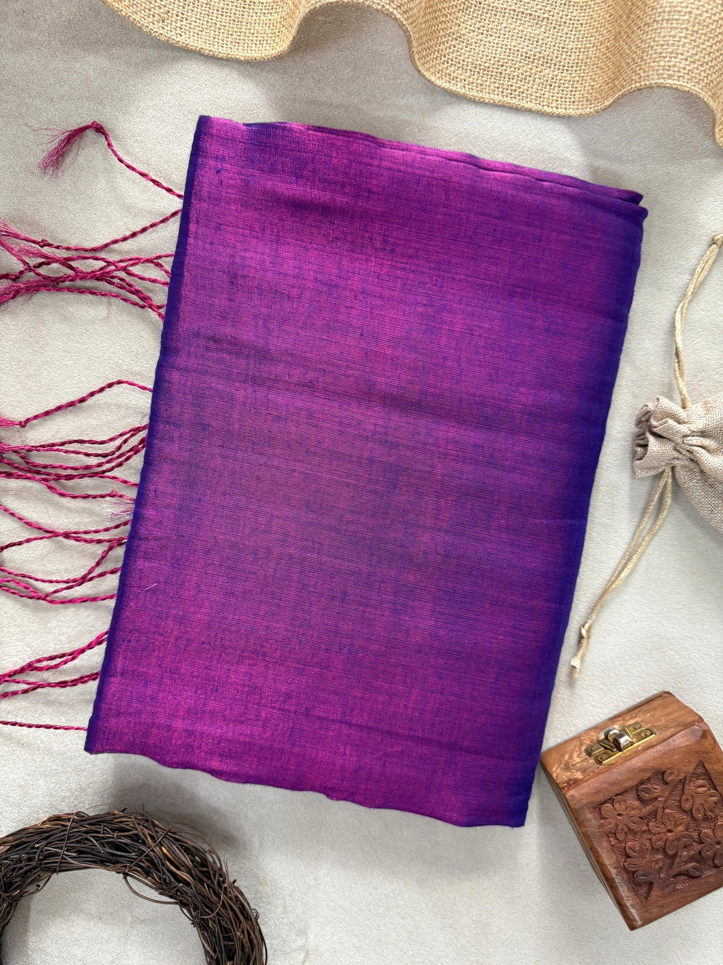 Tissue Cotton Saree with Tassels & Running Blouse – Purple Color