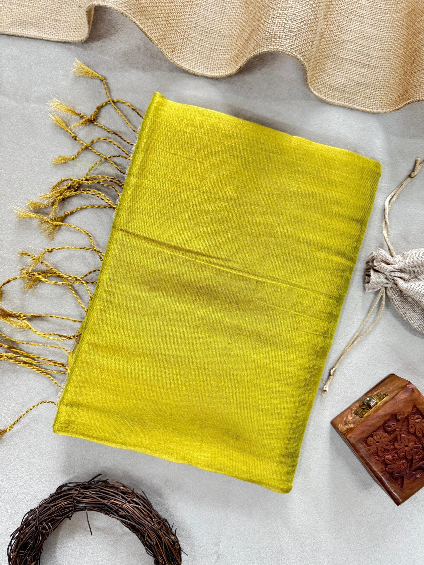 Tissue Cotton Saree with Tassels & Running Blouse – Yellow Color