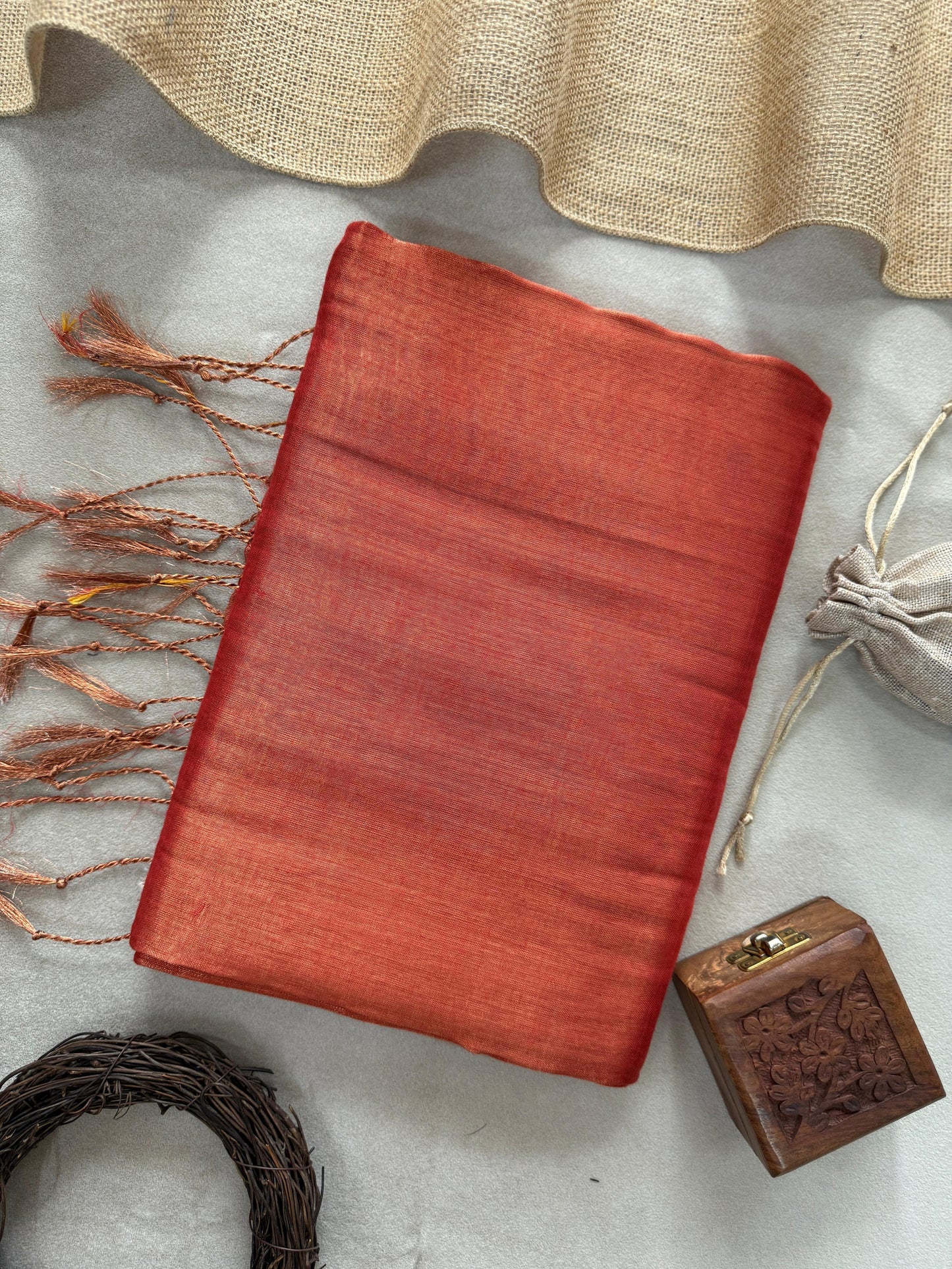 Tissue Cotton Saree with Tassels & Running Blouse – Orange Color