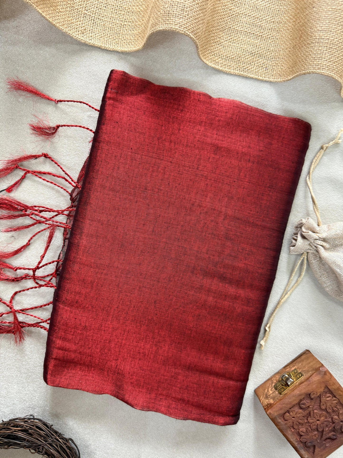 Tissue Cotton Saree with Tassels & Running Blouse – Red Color