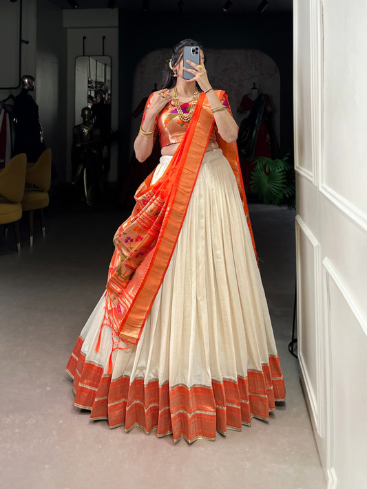 Traditional Festive Wear White Vichitra Silk Paithani Lehenga with Zari Weaving & Dupatta