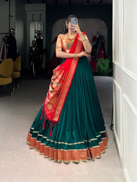 Festive Ethnic Wear Green Vichitra Silk Paithani Lehenga with Zari Weaving & Dupatta
