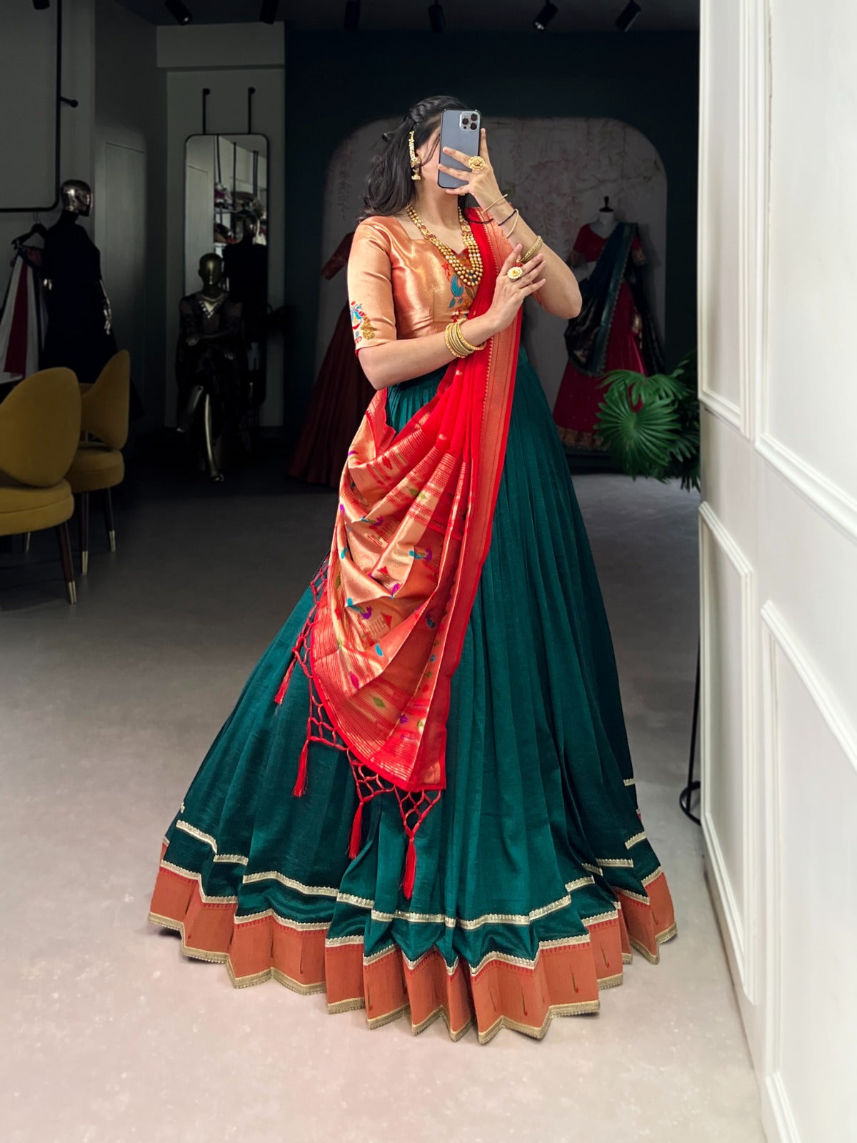 Festive Ethnic Wear Green Vichitra Silk Paithani Lehenga with Zari Weaving & Dupatta