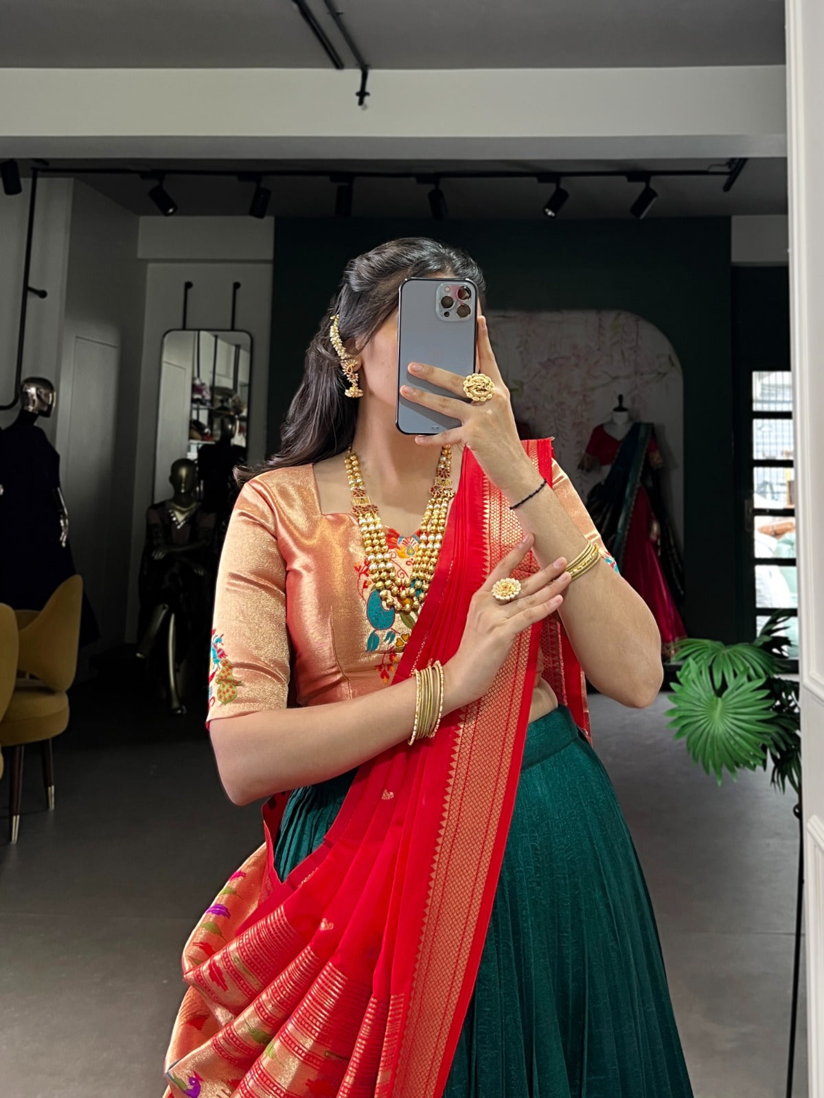 Festive Ethnic Wear Green Vichitra Silk Paithani Lehenga with Zari Weaving & Dupatta