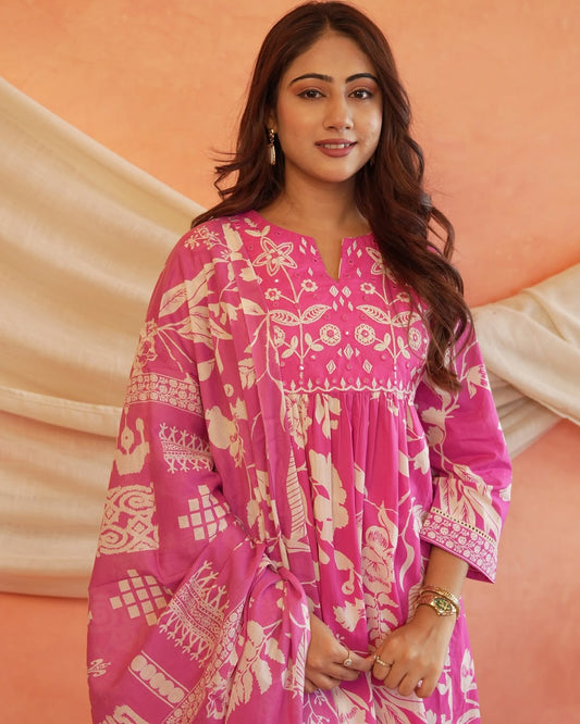 Premium Cotton Anarkali Kurti Set with Mirror & Embroidery Work -Pink