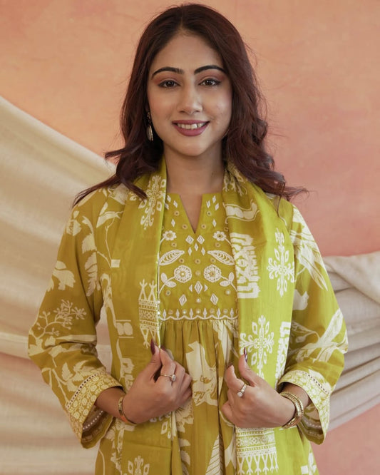 Premium Cotton Anarkali Kurti Set with Mirror & Embroidery Work -Yellow