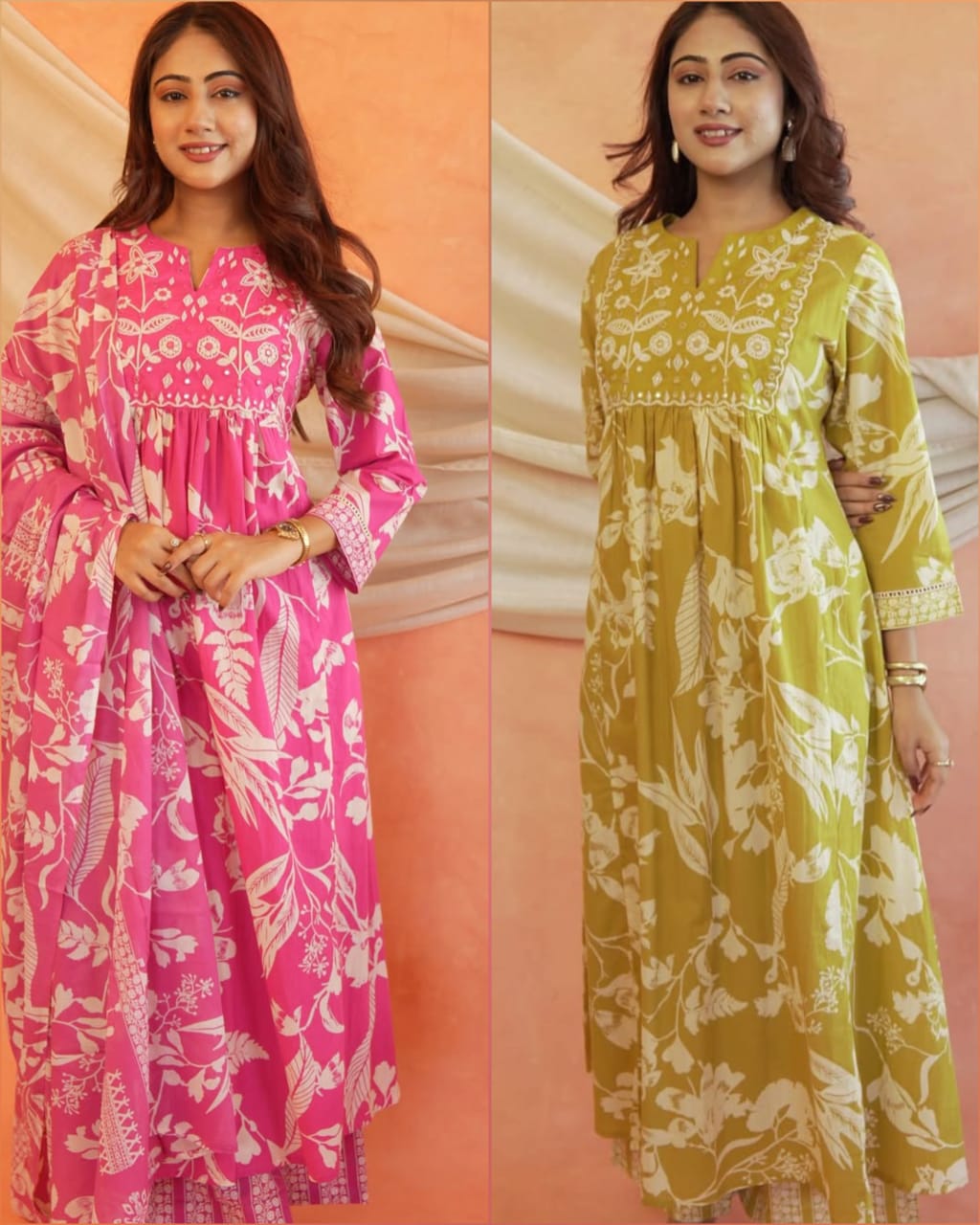Premium Cotton Anarkali Kurti Set with Mirror & Embroidery Work -Yellow