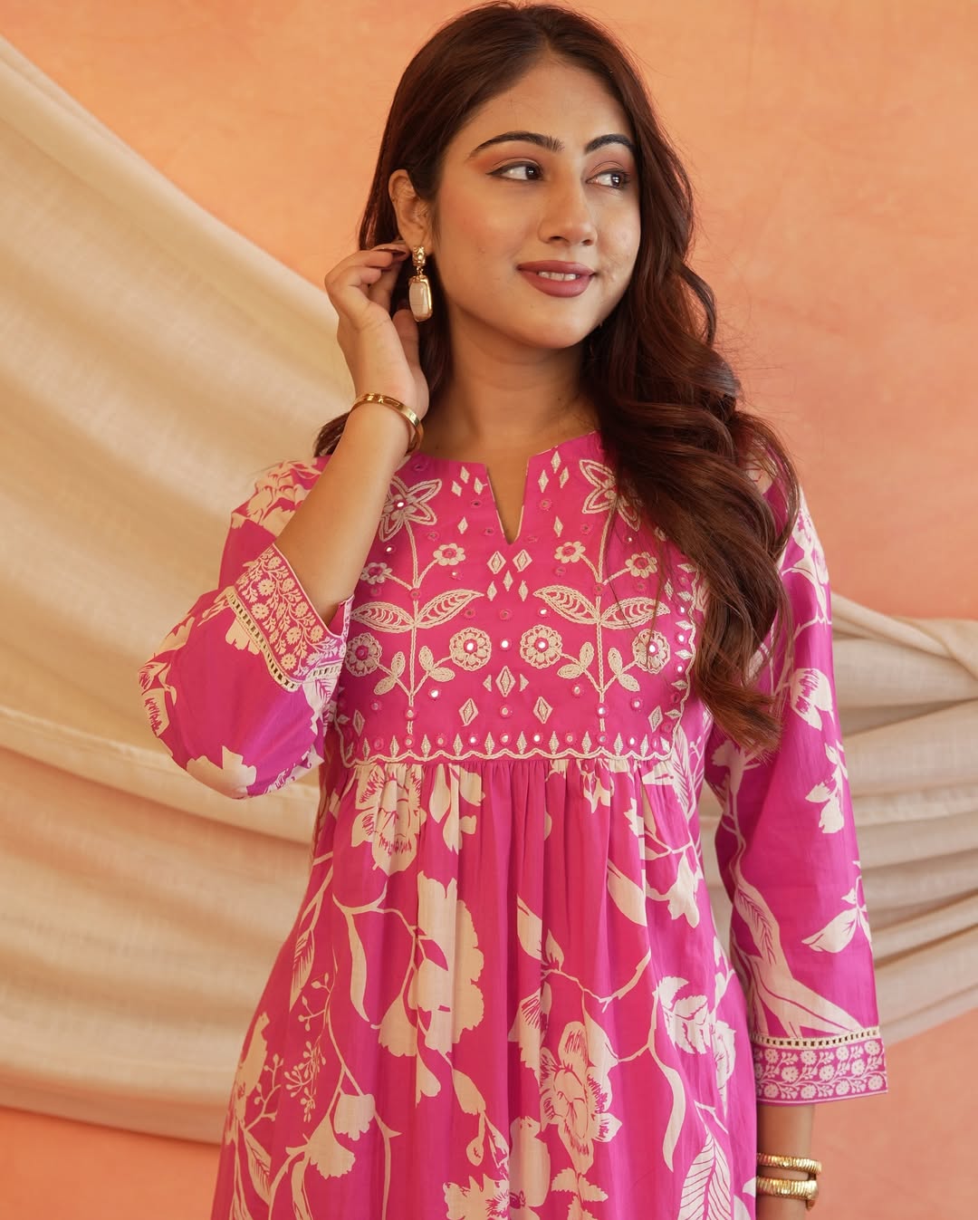 Premium Cotton Anarkali Kurti Set with Mirror & Embroidery Work -Pink