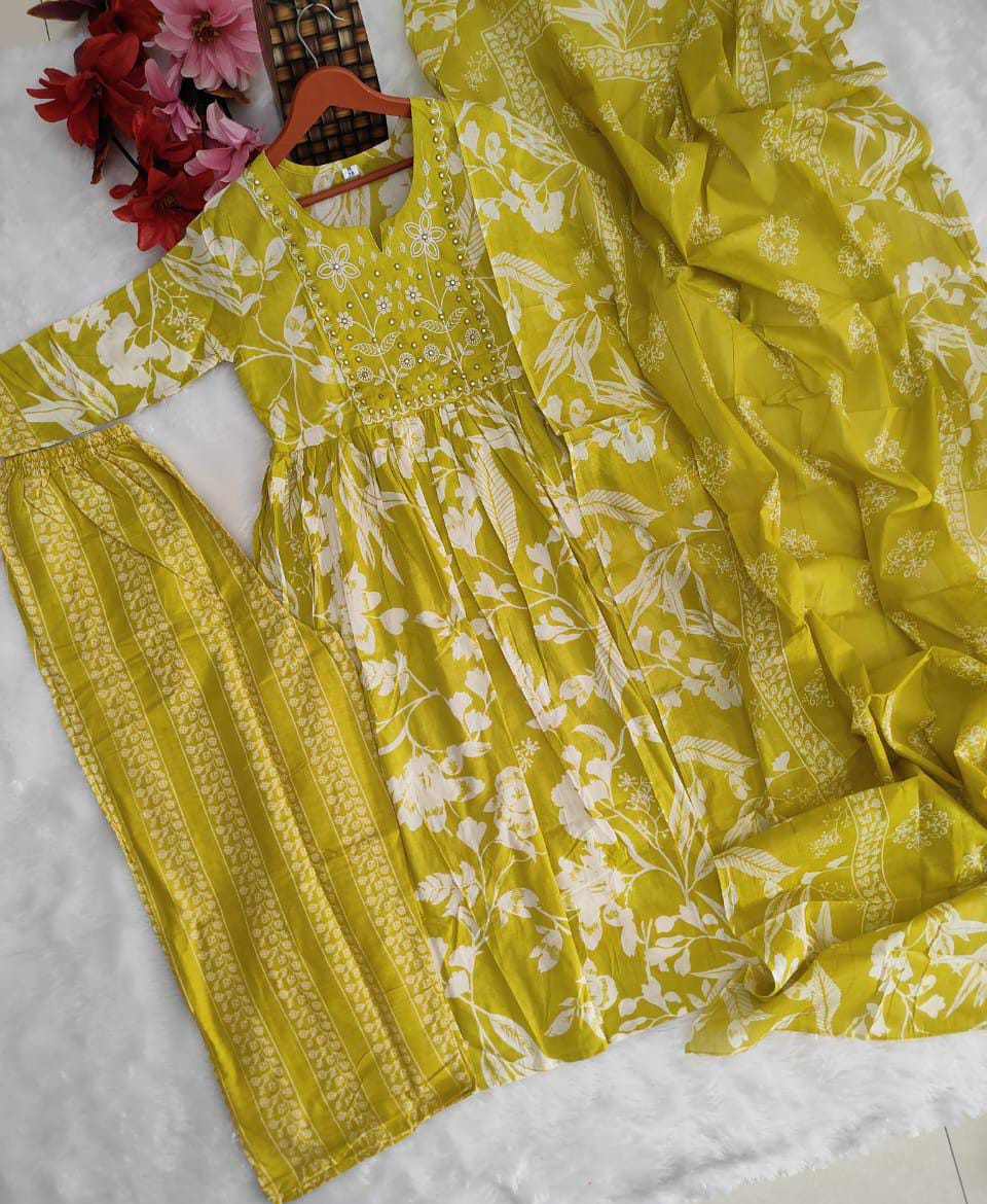 Premium Cotton Anarkali Kurti Set with Mirror & Embroidery Work -Yellow