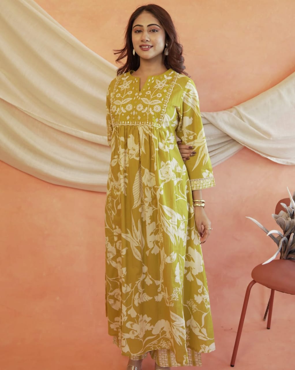 Premium Cotton Anarkali Kurti Set with Mirror & Embroidery Work -Yellow