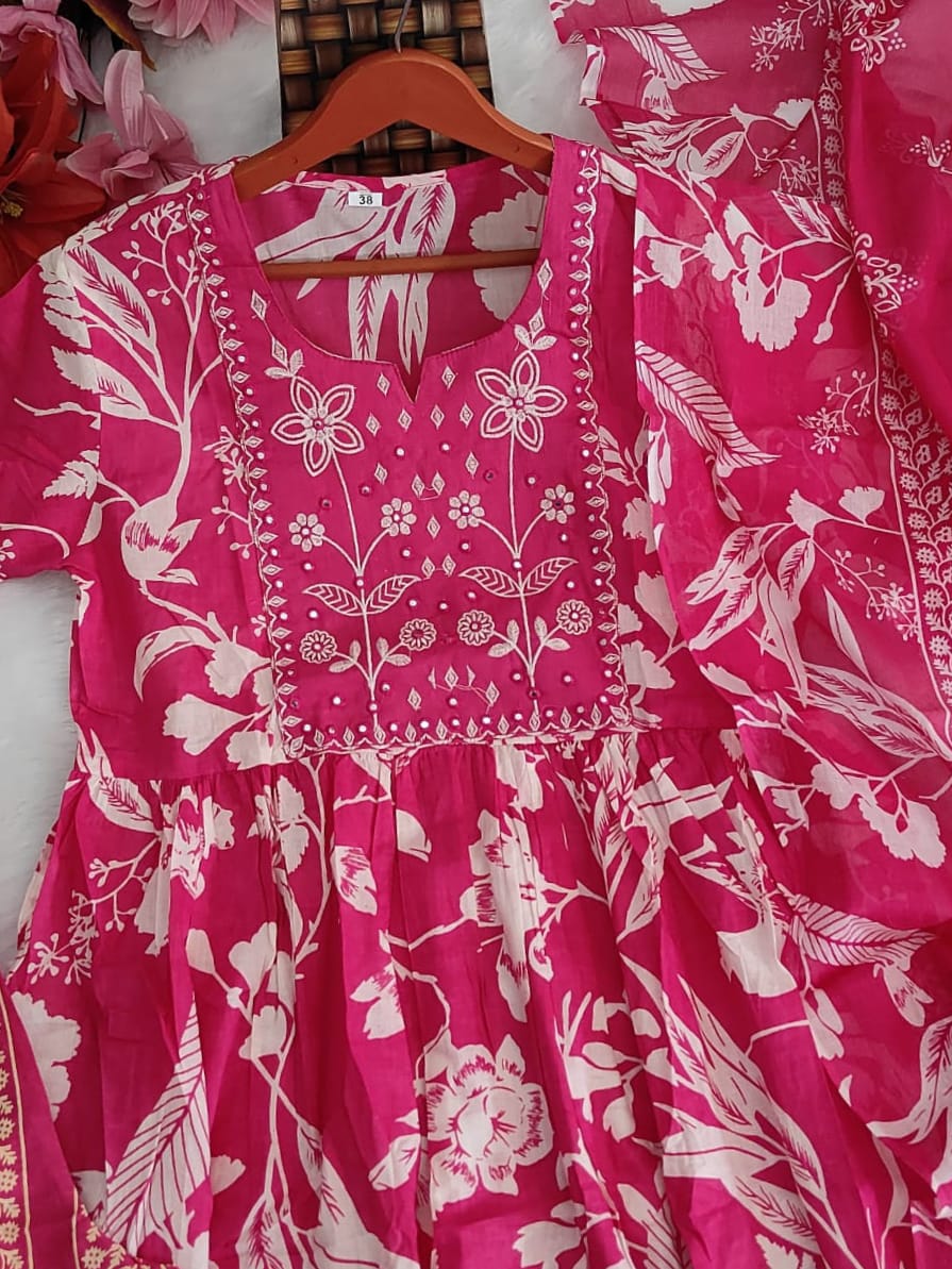 Premium Cotton Anarkali Kurti Set with Mirror & Embroidery Work -Pink