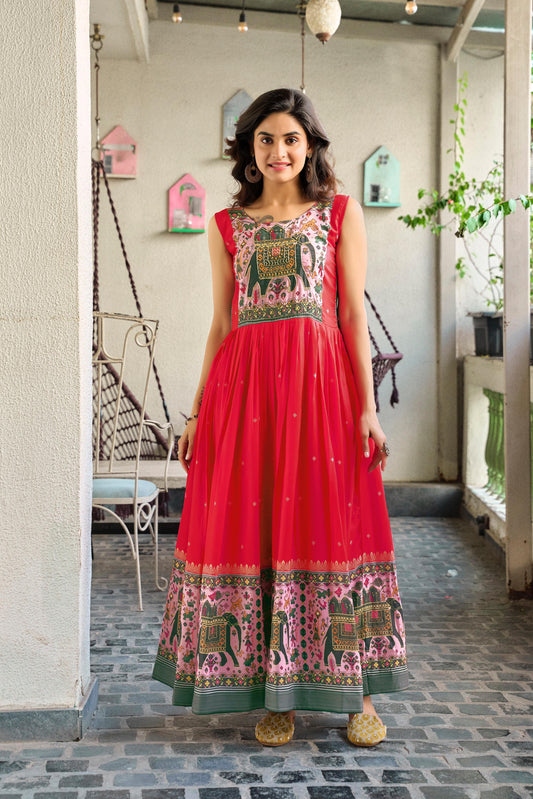 Gajri Pink Muslin Silk Anarkali Gown with Designer Neck