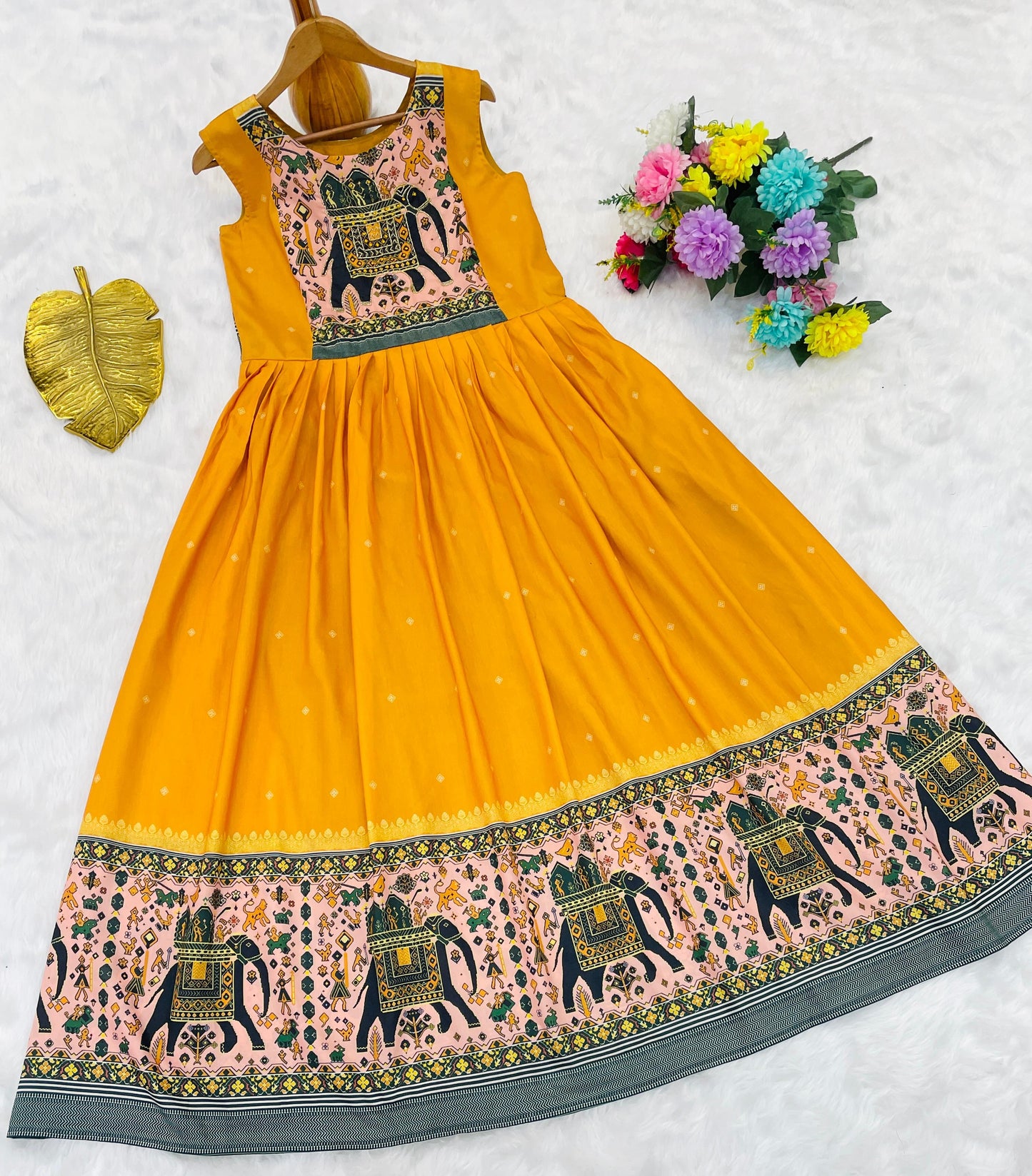 Mustard Anarkali Gown in Heavy Muslin Silk with Neck Handwork – Festive Wear