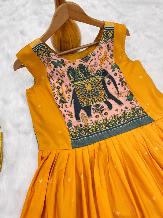 Mustard Anarkali Gown in Heavy Muslin Silk with Neck Handwork – Festive Wear