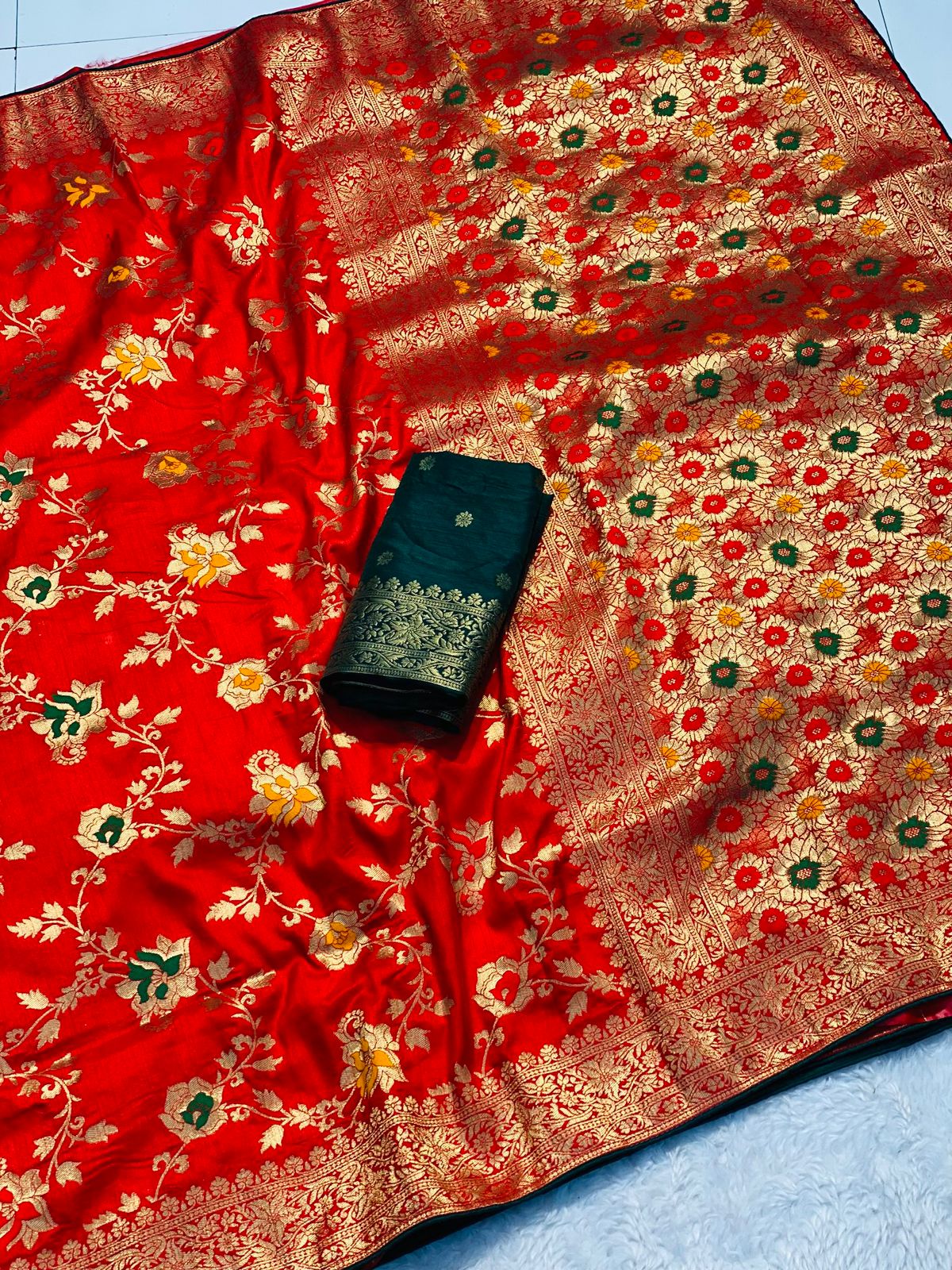 Pure Soft Banarasi Silk Saree in Orange with Floral Body & Zari Pallu