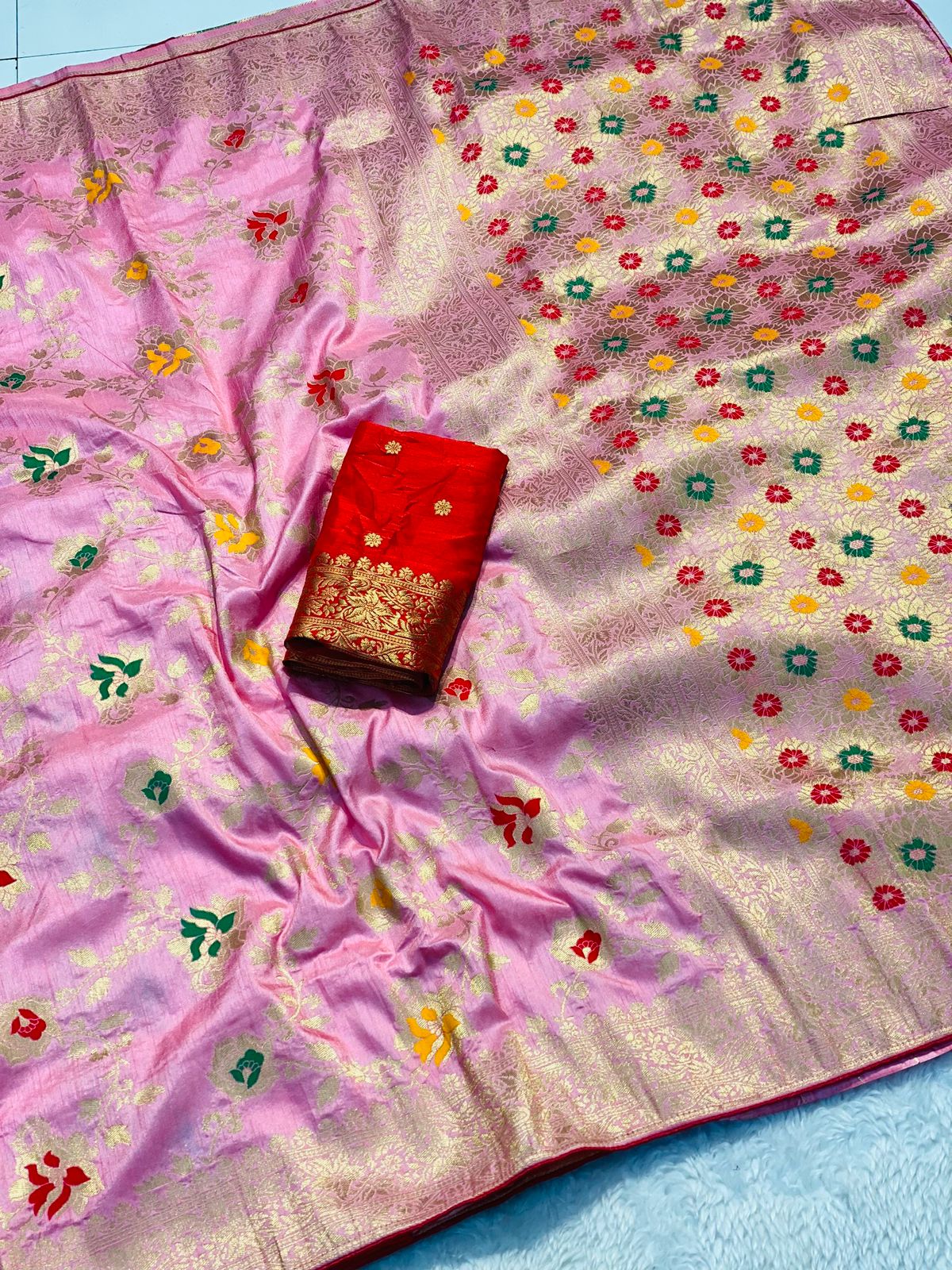 Elegant Light Pink Banarasi Silk Saree with Fancy Tassels & Zari Border