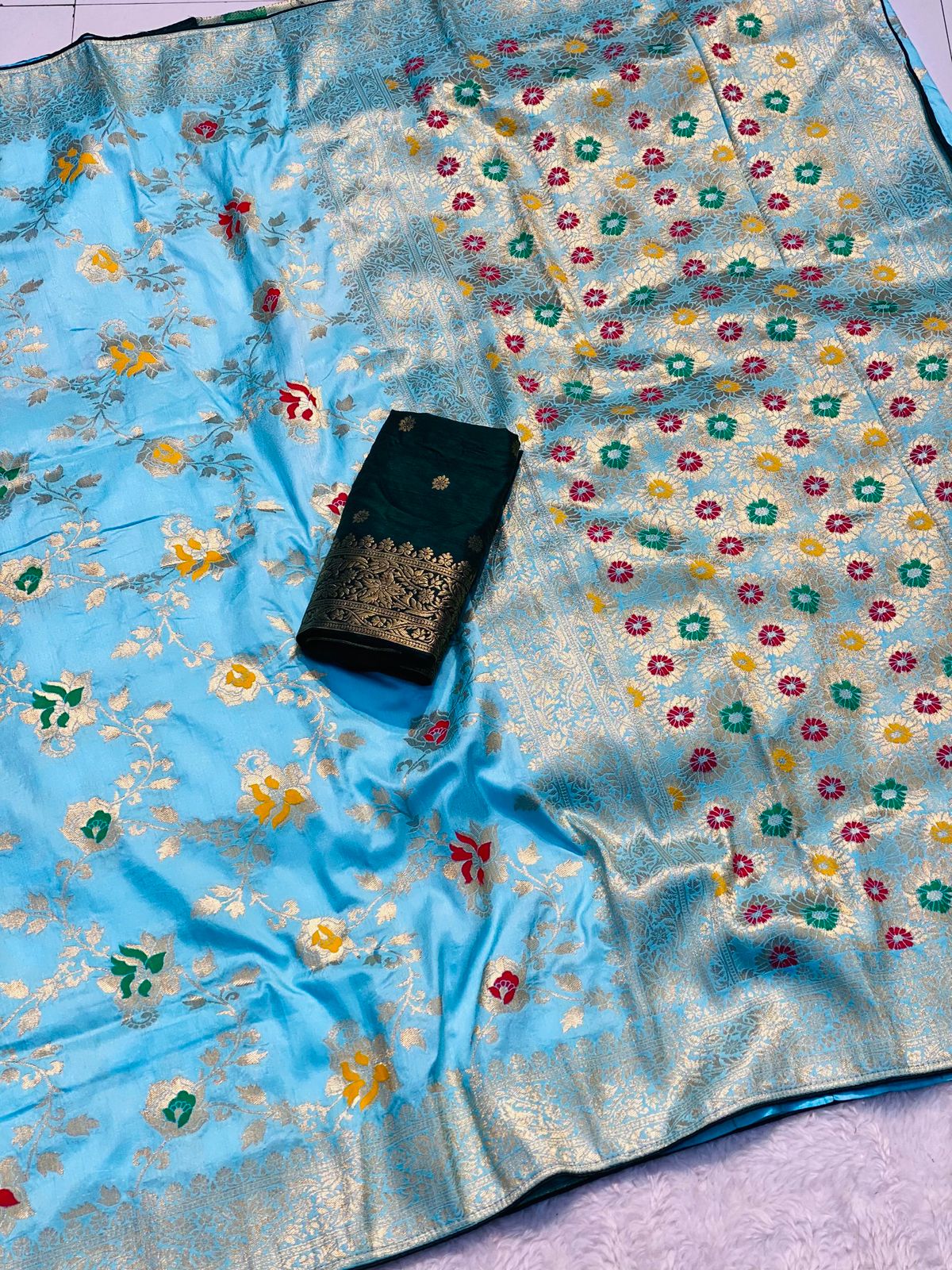 Soft Banarasi Silk Saree in Sky Blue with Designer Floral Weaving
