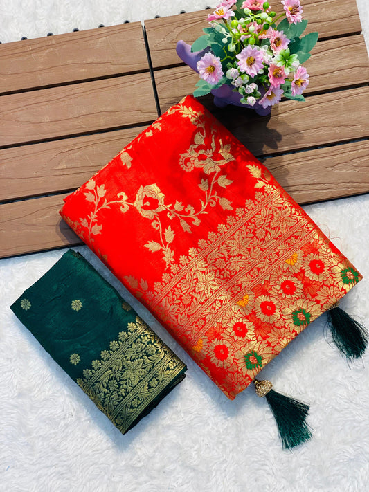 Pure Soft Banarasi Silk Saree in Orange with Floral Body & Zari Pallu