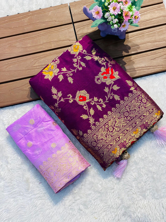 Pure Violet Banarasi Silk Saree with 3-Zari Woven Pallu & Fancy Tassels