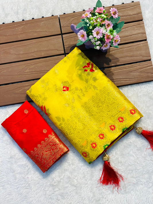 Yellow Banarasi Silk Saree with Floral Weaving & Zari Pallu