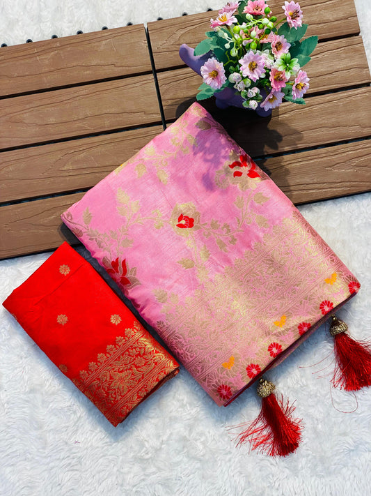 Elegant Light Pink Banarasi Silk Saree with Fancy Tassels & Zari Border