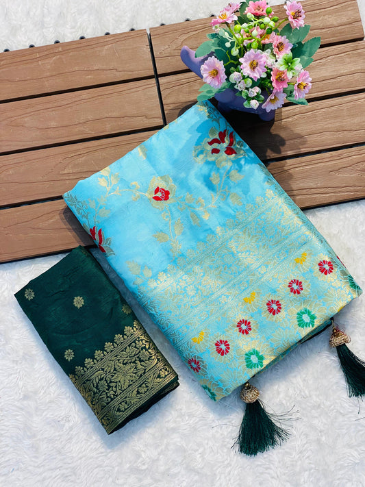 Soft Banarasi Silk Saree in Sky Blue with Designer Floral Weaving