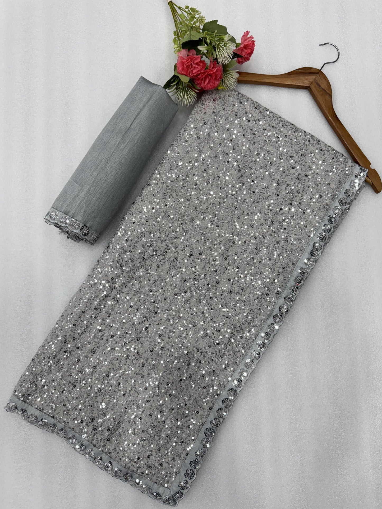 Bollywood Designer Faux Georgette Saree with Heavy Sequins Embroidery – Gray
