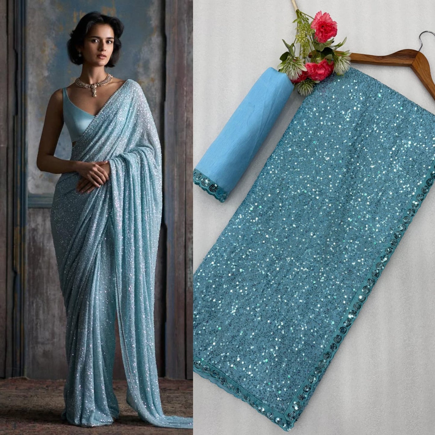 Bollywood Designer Faux Georgette Saree with Heavy Sequins Embroidery –Blue