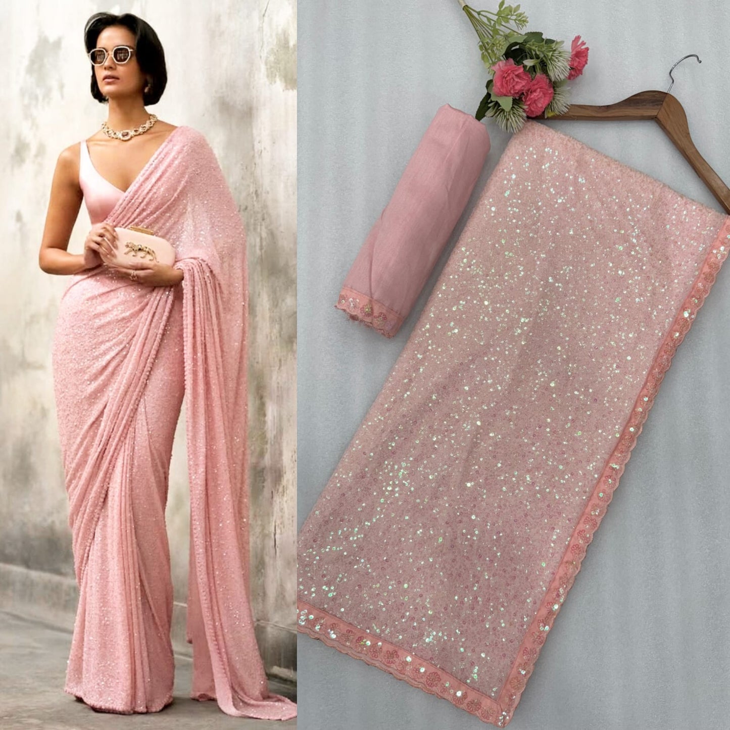Bollywood Designer Faux Georgette Saree with Heavy Sequins Embroidery –Pink