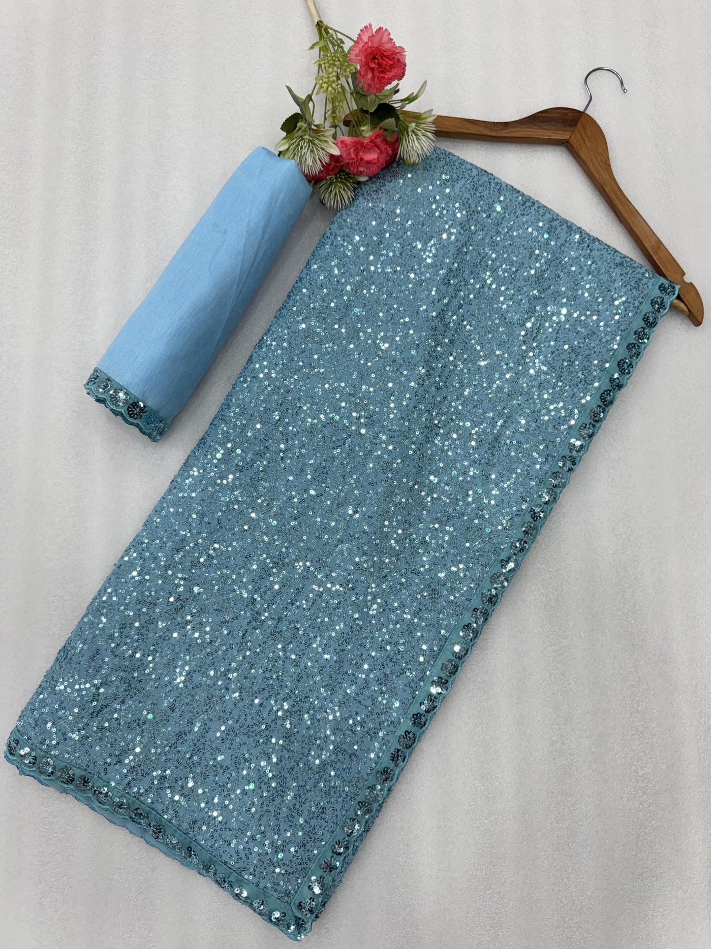 Bollywood Designer Faux Georgette Saree with Heavy Sequins Embroidery –Blue