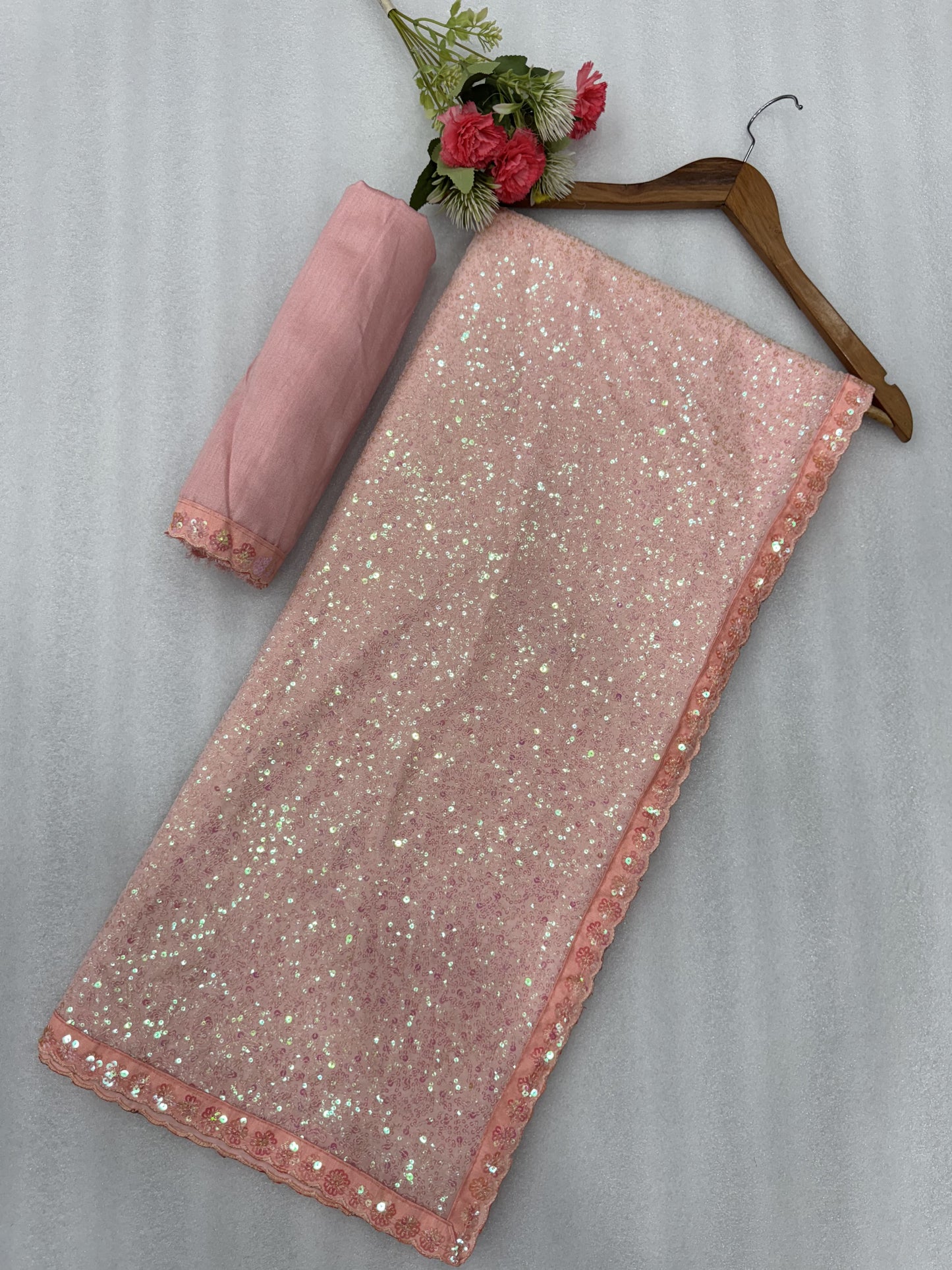 Bollywood Designer Faux Georgette Saree with Heavy Sequins Embroidery –Pink