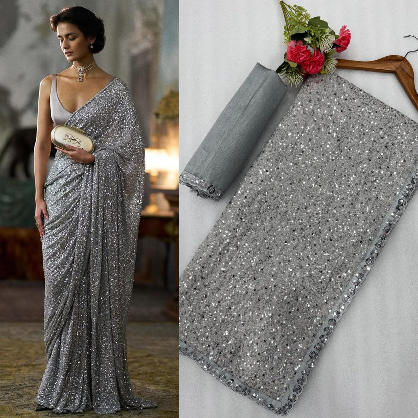 Bollywood Designer Faux Georgette Saree with Heavy Sequins Embroidery – Gray