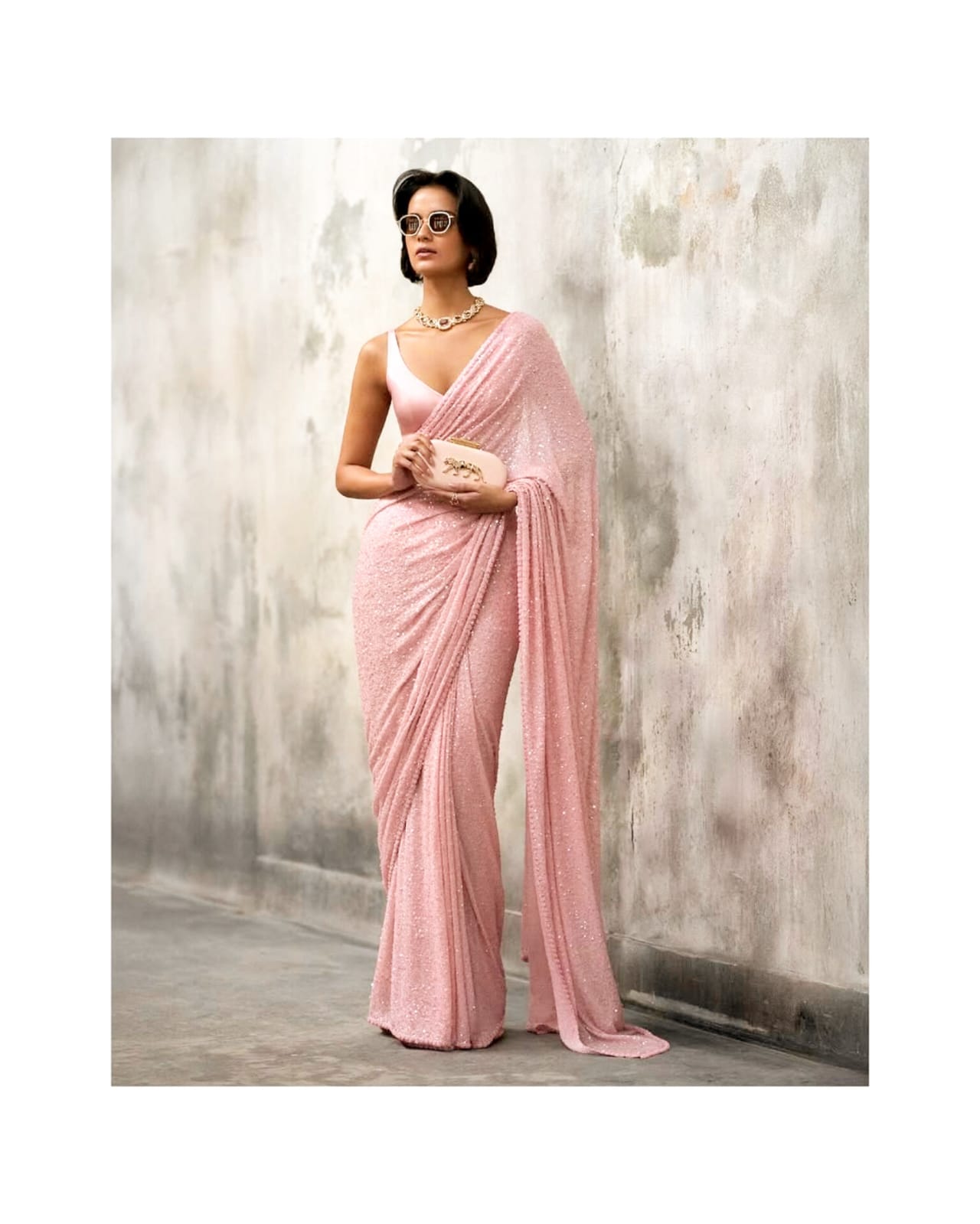 Bollywood Designer Faux Georgette Saree with Heavy Sequins Embroidery –Pink