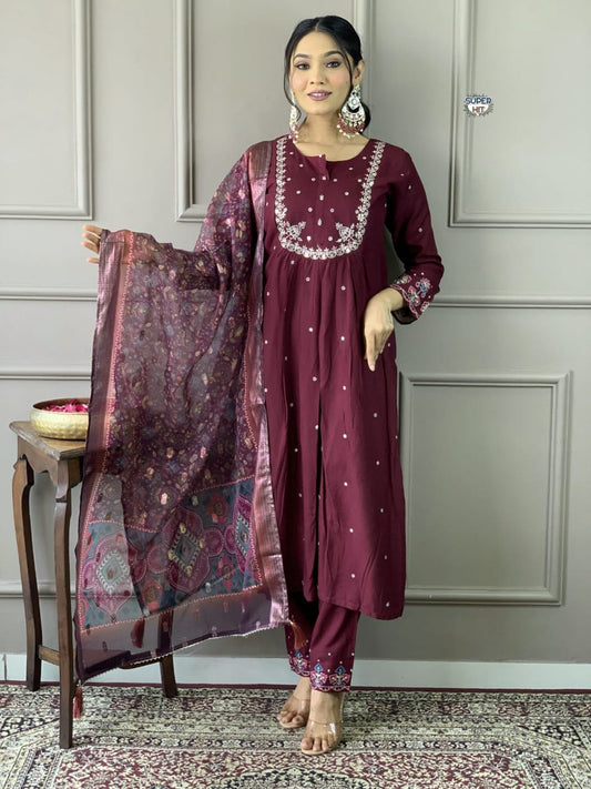 Premium Maroon Chanderi Women Kurti Set with Embroidered Work & Jacquard Dupatta