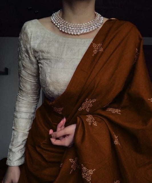 Trendy Chanderi Cotton Saree in Copper Brown – Digital Printed Look