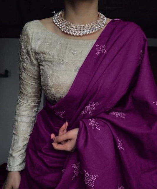 Designer Violet Chanderi Cotton Saree With Digital Print