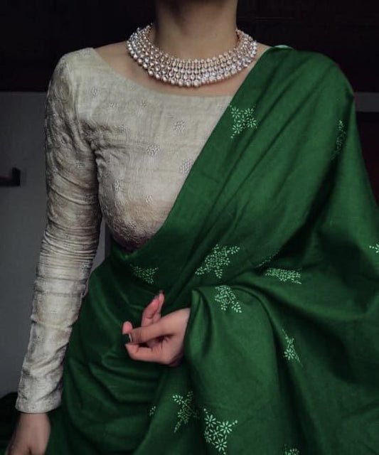 Trendy Green Chanderi Cotton Saree with Digital Printed Blouse