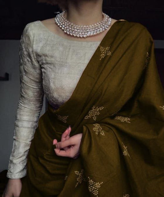 Designer Digital Printed Olive Green Chanderi Cotton Saree for Women