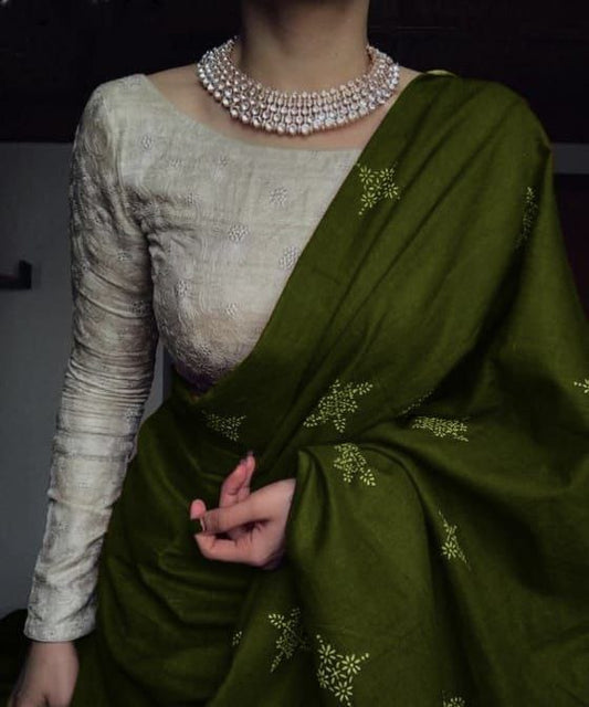 Elegant Mehendi Green Digital Print Chanderi Cotton Saree