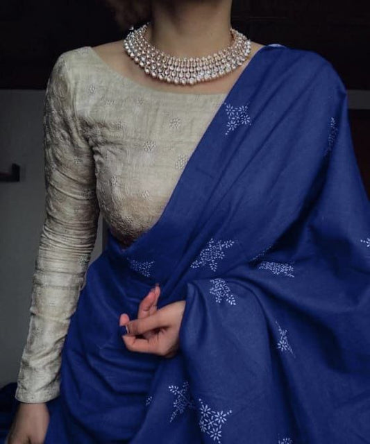 Soft Chanderi Cotton Saree in Blue – Digital Print Look