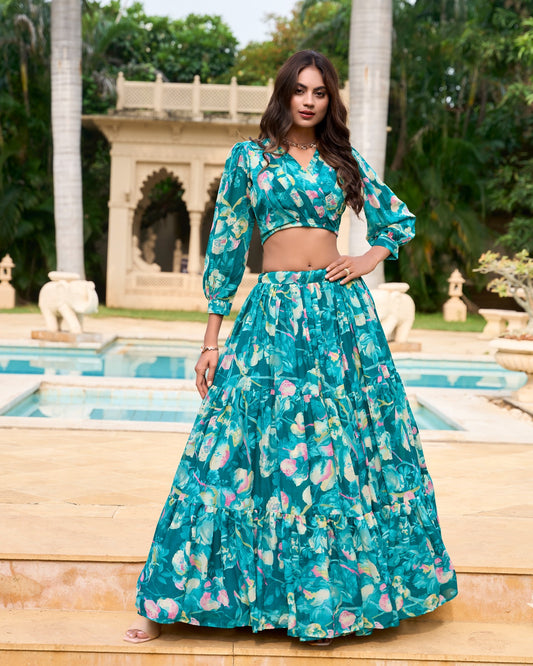 Georgette Chex Lehenga & Blouse Teal Floral Co-Ord Set for Women